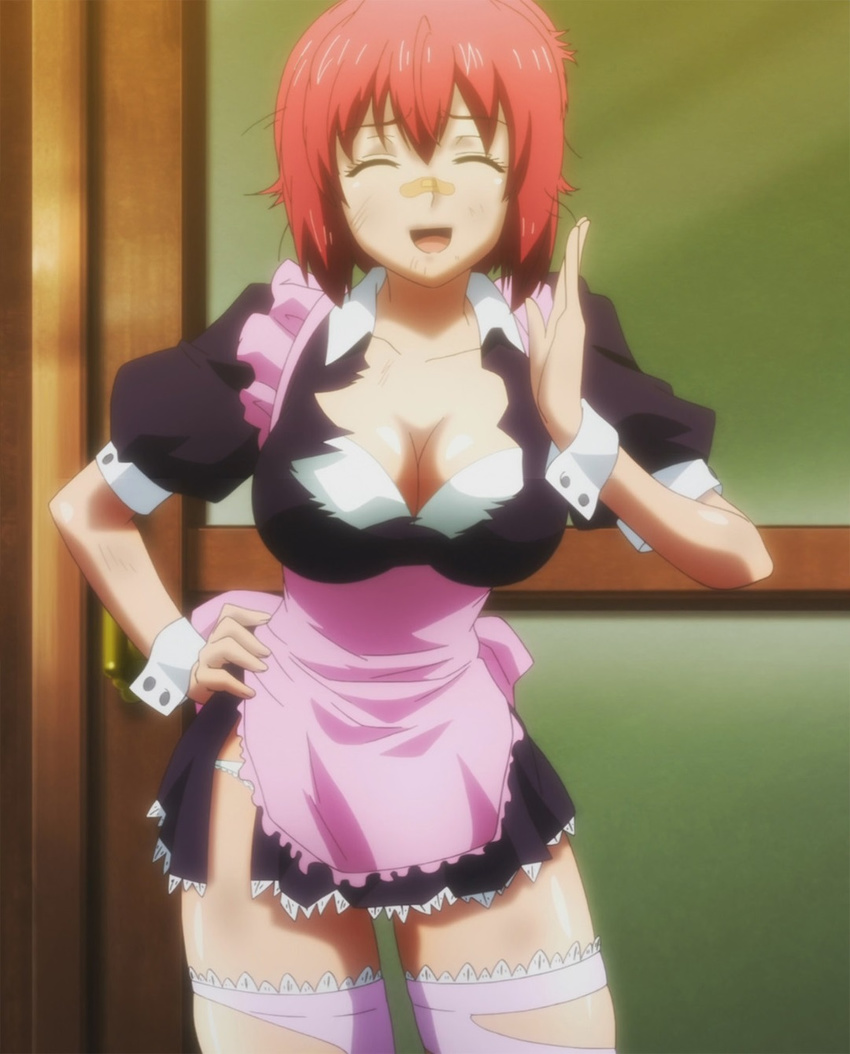 bra breasts large_breasts legwear maid maken-ki! panties red_hair screencap shinatsu_azuki torn_clothes underwear wrist_cuffs