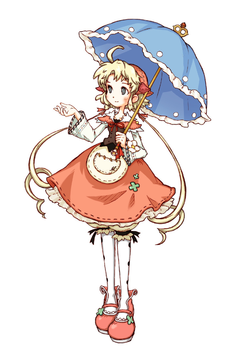 absurdres ahoge bangs blonde_hair bloomers blue_eyes blush closed_mouth curly_hair dress flower full_body headdress highres holding holding_umbrella long_hair long_sleeves looking_away official_art open_hand outstretched_hand pantyhose parasol pocket polka_(trusty_bell) red_footwear ribbon-trimmed_sleeves ribbon_trim shoes simple_background smile solo standing stitches trusty_bell twintails umbrella underwear very_long_hair white_background white_flower white_legwear yoshioka_kumiko