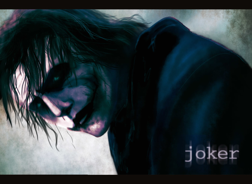 batman_(series) dc_comics facepaint glasgow_smile heath_ledger letterboxed male_focus onibi_(foxhound4185) parody realistic solo the_dark_knight the_joker