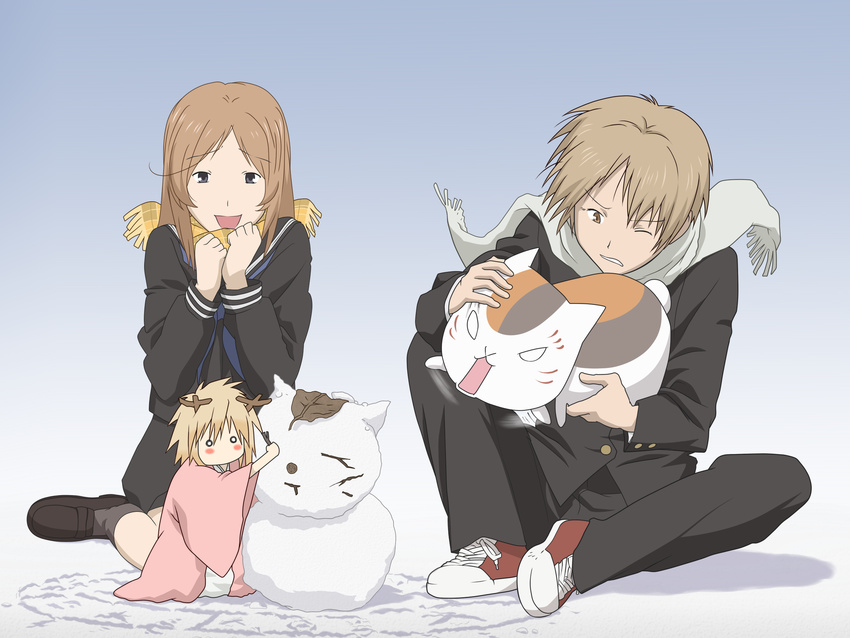 2boys artist_request highres multiple_boys natsume_takashi natsume_yuujinchou nyanko scarf snowman taki_tooru tama_(natsume)