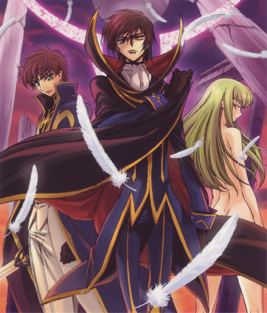 2boys black_hair brown_hair c.c. cape code_geass feathers green_eyes green_hair highres kimura_takahiro knights_of_the_round_uniform kururugi_suzaku lelouch_lamperouge long_hair long_legs multiple_boys nude official_art ookouchi_ricca zero_(code_geass)