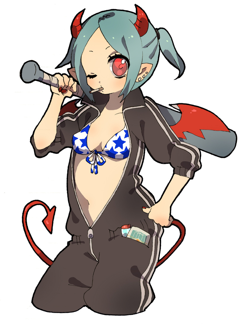 aqua_hair bad_id bad_pixiv_id baseball_bat bikini_top blush cigarette cowboy_shot cropped_legs demon_tail ear_piercing front-tie_top full-length_zipper hand_on_hip highres horns nail_polish one_eye_closed oni open_clothes open_shirt original over_shoulder piercing pointy_ears red_eyes red_nails shirt smoking solo tail track_suit unzipped wamochi wings zipper