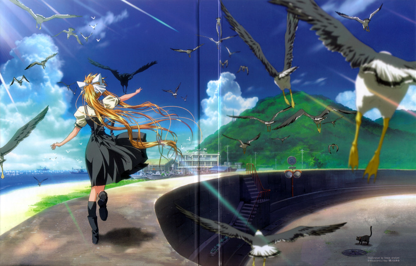 air animal_on_arm aratani_tomoe beach bird bird_on_arm blonde_hair crow day flock highres kamio_misuzu light_rays long_hair official_art outdoors scan solo sora_(air) sunbeam sunlight very_long_hair