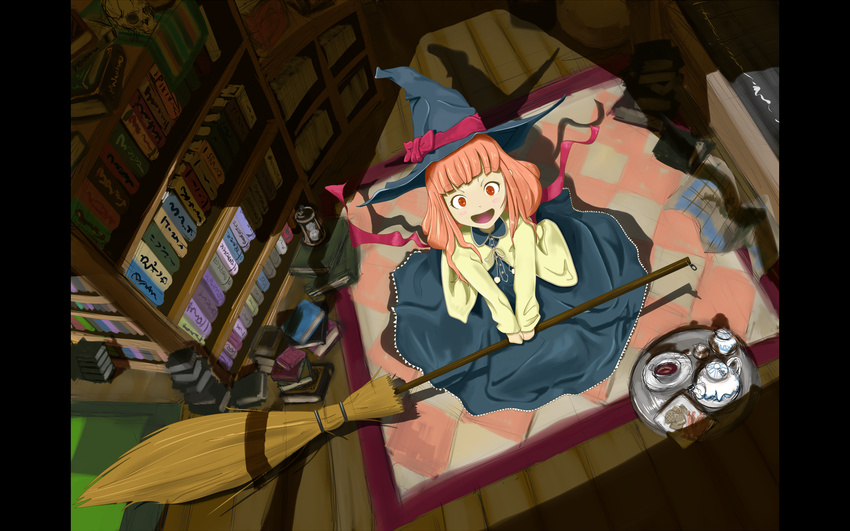 :d bangs blunt_bangs book bookshelf broom from_above happy hat highres open_mouth orange_hair original red_eyes smile solo wallpaper witch witch_hat yammy_(cellblo)