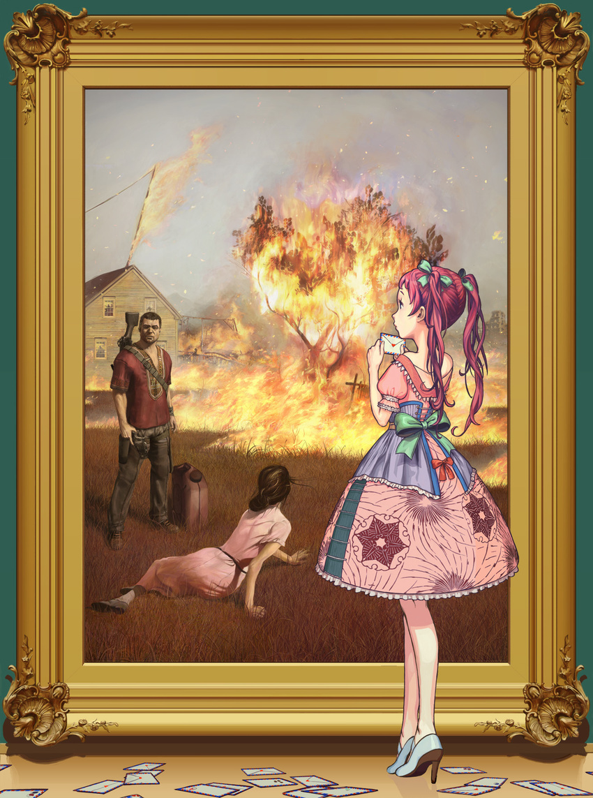 arata_yokoyama christina's_world far_cry far_cry_2 fine_art_parody fire flare_gun gas_can grass gun high_heels highres house jerry_can letter painting_(object) parody ribbon shoes solo twintails weapon