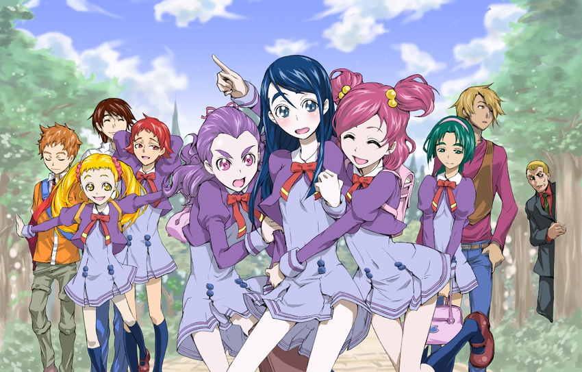 6+girls ^_^ akimoto_komachi amai_shirou blonde_hair blue_eyes blue_hair blue_skirt brown_hair bunbee_(yes!_precure_5) closed_eyes coco_(yes!_precure_5) everyone green_hair hair_bobbles hair_ornament hairband hug kasugano_urara_(yes!_precure_5) kokoda_kouji koutetsu_(pixiv418948) l'ecole_des_cinq_lumieres_school_uniform long_hair milk_(yes!_precure_5) mimino_kurumi minazuki_karen multiple_boys multiple_girls natsuki_rin natts_(yes!_precure_5) nuts_(yes!_precure_5) pink_eyes pink_hair precure purple_hair red_eyes school_uniform scrunchie skirt syrup_(yes!_precure_5) twintails two_side_up yellow_eyes yes!_precure_5 yes!_precure_5_gogo! yumehara_nozomi