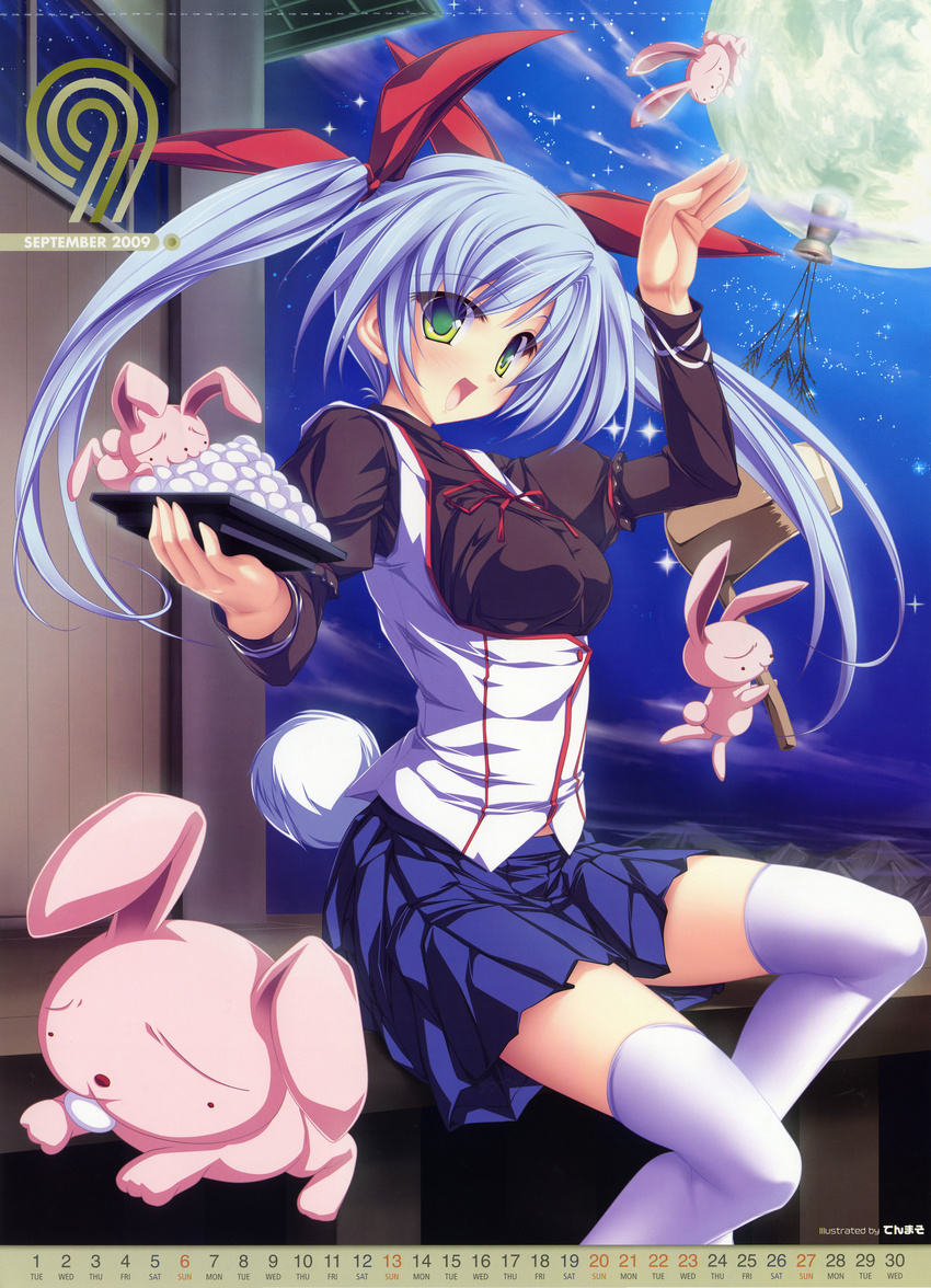 absurdres bow bunny copyright_request green_eyes hair_bow highres moon moon_rabbit purple_hair solo tenmaso thighhighs twintails