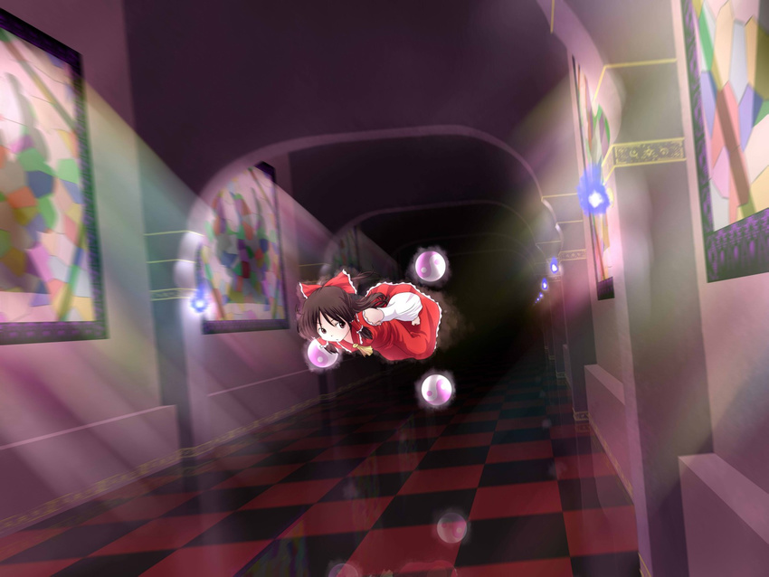 checkered flying hakurei_reimu hallway highres mosaic_art natsu_no_koucha reflection solo stained_glass touhou yin_yang