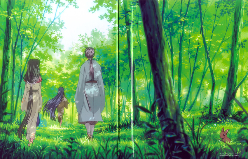 air animal aratani_tomoe day forest from_behind highres kannabi_no_mikoto multiple_girls nature ryuuya scan tree uraha_(air)