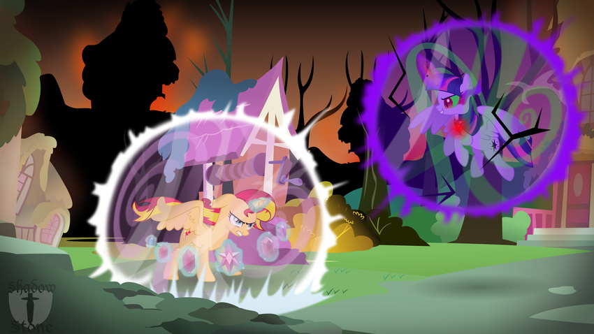 absurd_res alicorn_amulet blonde_hair blue_eyes bush cat_eyes cutie_mark dark_magic equestria_girls equine evil female flying friendship_is_magic glowing hair hi_res horn horse house magic mammal multi-colored_hair my_little_pony outside pony ponyville purple_eyes purple_hair red_eyes red_hair sky slit_pupils sparkles sunset_shimmer_(eg) theshadowstone tree twilight_sparkle_(mlp) two_tone_hair well winged_unicorn wings