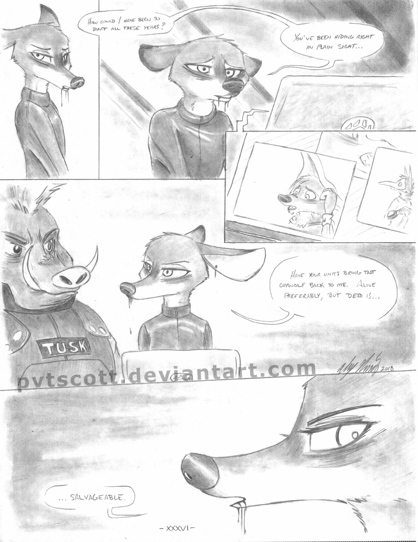2018 absurd_res ambiguous_gender anthro blood blood_on_mouth boar canine cervine comic coyote coywolf detailed_background dialogue disney greyscale gun hi_res hybrid male mammal monochrome porcine pvtscott ranged_weapon rifle weapon wolf zootopia