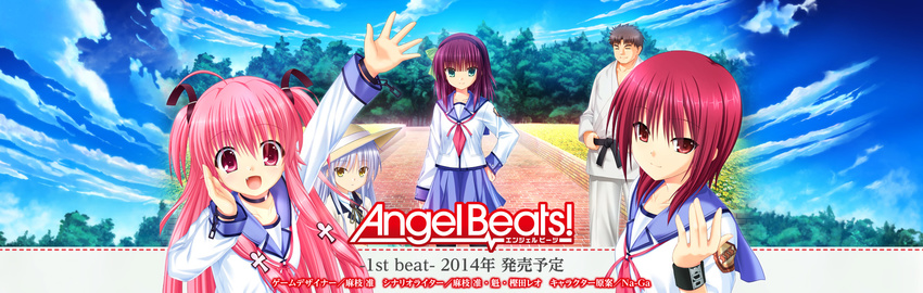 4girls :d ahoge angel_beats! blazer chain copyright_name cuffs dougi fang hairband hat highres iwasawa jacket long_hair matsushita multiple_girls na-ga official_art open_mouth pink_hair ribbon school_uniform serafuku shinda_sekai_sensen_uniform short_hair skirt smile sun_hat tenshi_(angel_beats!) two_side_up yui_(angel_beats!) yuri_(angel_beats!)