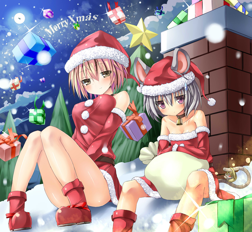 absurdres alternate_costume animal_ears bare_shoulders basket belt blonde_hair blush boots chimney christmas_tree gift greatmosu hat highres looking_at_viewer merry_christmas mouse mouse_ears mouse_tail multiple_girls nazrin purple_eyes sack santa_costume santa_hat short_hair silver_hair smile snowing star tail toramaru_shou touhou yellow_eyes