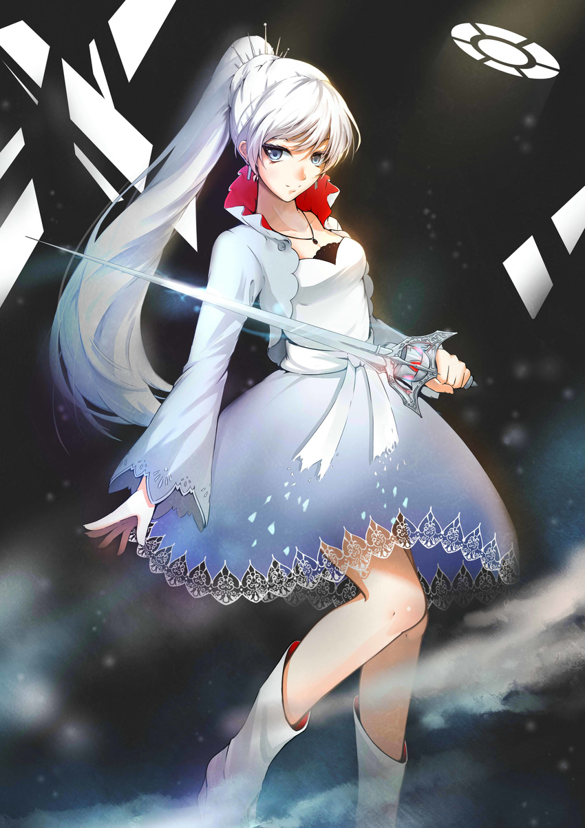absurdres blue_eyes dress highres holding holding_sword holding_weapon jewelry lancefate left-handed light_smile long_hair myrtenaster necklace ponytail rapier rwby solo sword weapon weiss_schnee white_hair