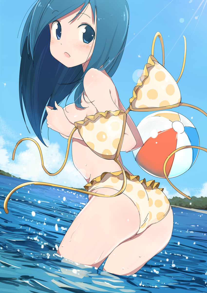 bad_id bad_pixiv_id ball beachball bikini blue_eyes blue_hair blush breasts covering covering_breasts domo1220 frilled_bikini frills highres long_hair looking_back medium_breasts ocean open_mouth original polka_dot polka_dot_bikini polka_dot_swimsuit solo swimsuit untied wading wardrobe_malfunction water yellow_bikini