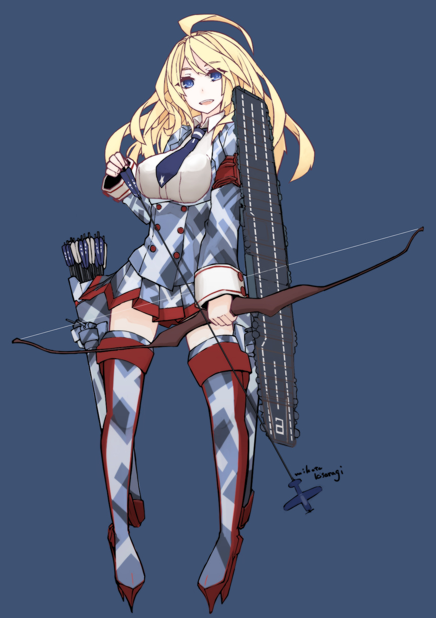 ahoge america arrow bad_id bad_pixiv_id blonde_hair blue_background blue_eyes boots bow_(weapon) breasts camouflage commentary_request flight_deck highres kantai_collection large_breasts long_hair mikoto_(oi_plus) military military_uniform miniskirt necktie original quiver signature simple_background skirt solo thigh_boots thighhighs uniform uss_enterprise_(cv-6) weapon zettai_ryouiki
