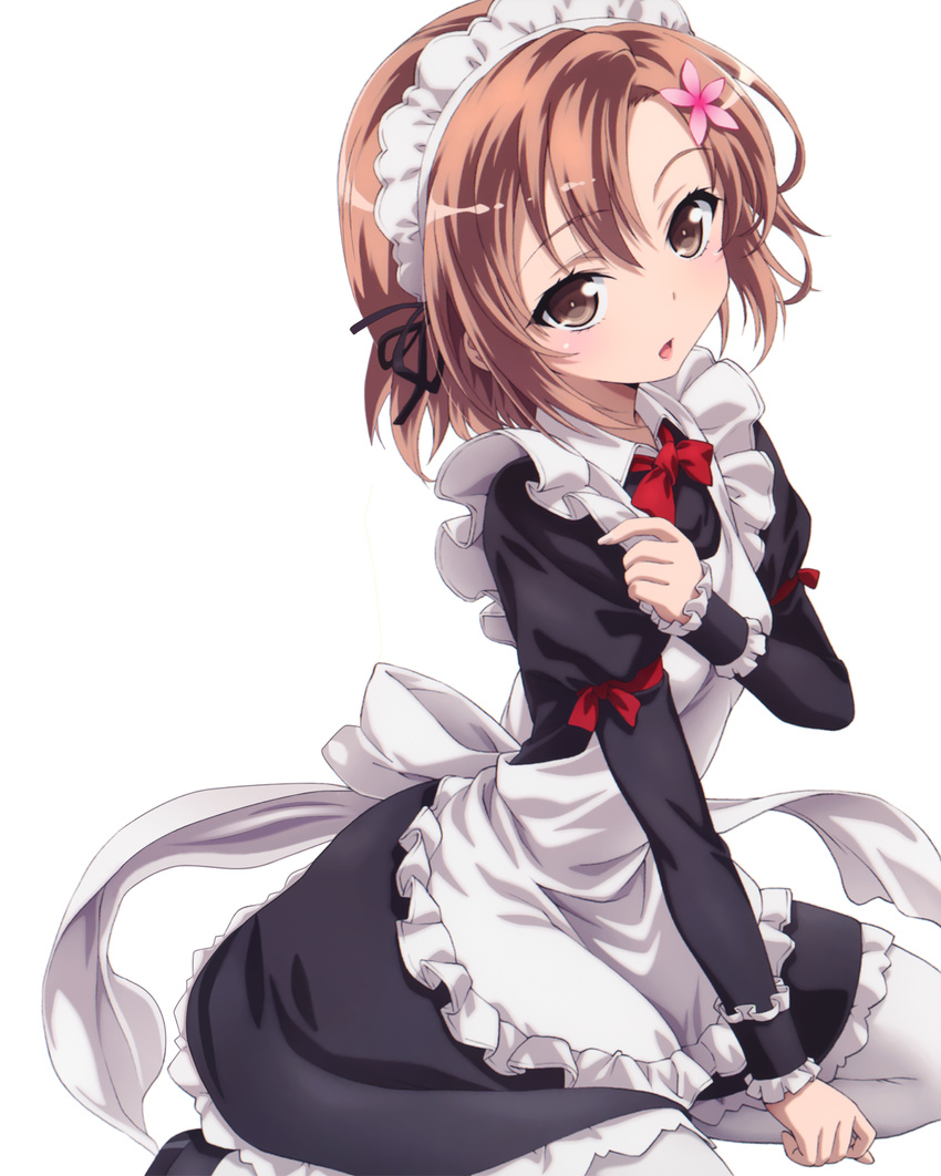 :o between_legs boku_wa_tomodachi_ga_sukunai brown_eyes brown_hair flower hair_ornament hair_ribbon hand_between_legs highres kusunoki_yukimura looking_at_viewer maid maid_headdress official_art pantyhose ribbon scan short_hair simple_background sitting solo wariza watanabe_yoshihiro white_background