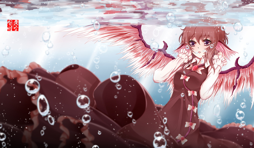 air_bubble asphyxiation bad_id bad_pixiv_id bird_wings breasts brooch bubble dclockwork dress drowning hands_on_own_head highres jewelry long_sleeves looking_away medium_breasts multicolored multicolored_eyes mystia_lorelei no_hat no_headwear pink_hair short_hair slit_pupils solo submerged touhou underwater watermark wings