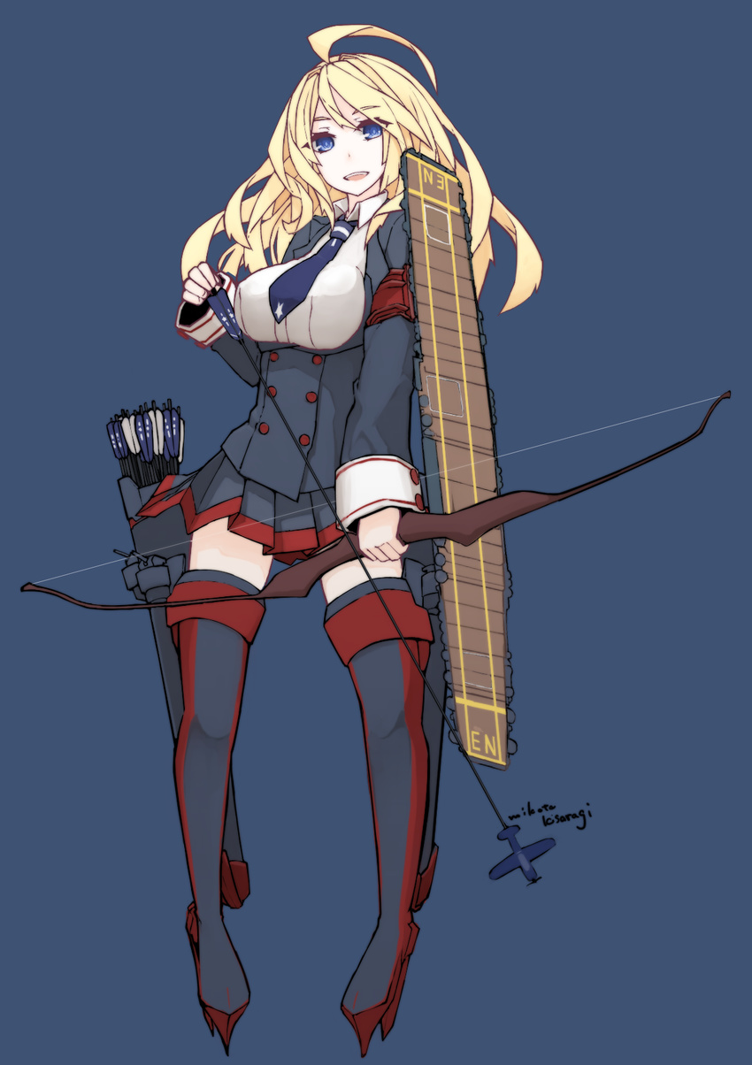 ahoge america arrow bad_id bad_pixiv_id blonde_hair blue_background blue_eyes boots bow_(weapon) breasts commentary_request flight_deck highres kantai_collection large_breasts long_hair mikoto_(oi_plus) military military_uniform miniskirt necktie original quiver signature simple_background skirt solo thigh_boots thighhighs uniform uss_enterprise_(cv-6) weapon zettai_ryouiki