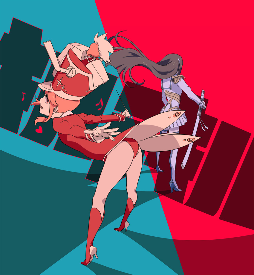 bad_id bad_pixiv_id baton black_hair boots copyright_name full_body gloves hat highres ilmaris jakuzure_nonon kill_la_kill kiryuuin_satsuki knee_boots leotard long_hair multiple_girls musical_note pink_eyes pink_hair profile red_leotard shako_cap short_hair sidelocks smile sword symphony_regalia thigh_boots thighhighs weapon