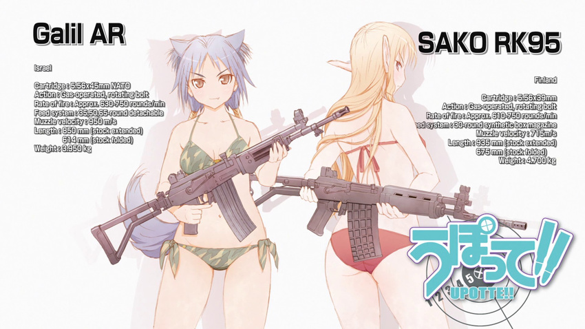 animal_ears artist_request ass assault_rifle bikini blonde_hair braid camouflage cat_ears cat_tail elf error galil_ar_(upotte!!) gun highres looking_at_viewer multiple_girls navel pointy_ears ponytail purple_hair red_eyes rifle sako_rk_95_(upotte!!) screencap side-tie_bikini side_braid single_braid swimsuit tail trigger_discipline upotte!! weapon