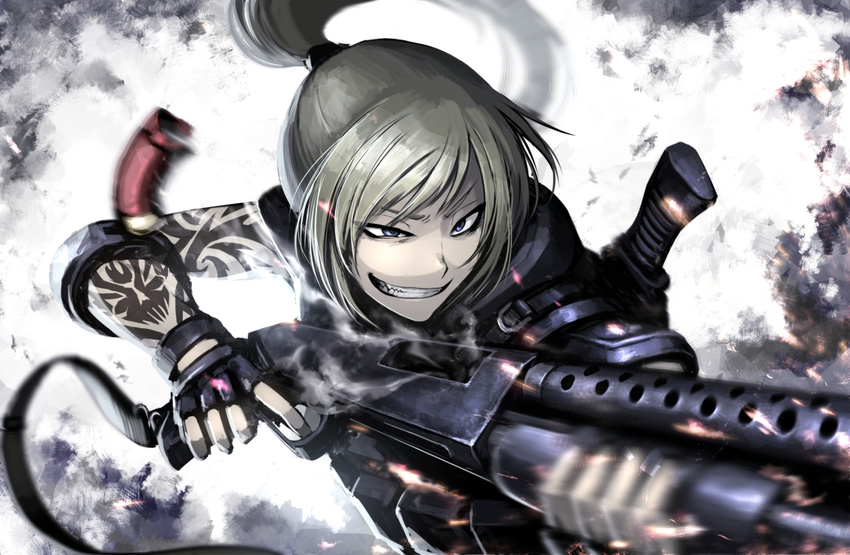 blonde_hair blue_eyes casing_ejection crazy_eyes fingerless_gloves firing gloves grin gun hetza_(hellshock) knife original ponytail sharp_teeth shell_casing shotgun sling smile solo sparks suzumi_(hetza) sword tattoo teeth weapon