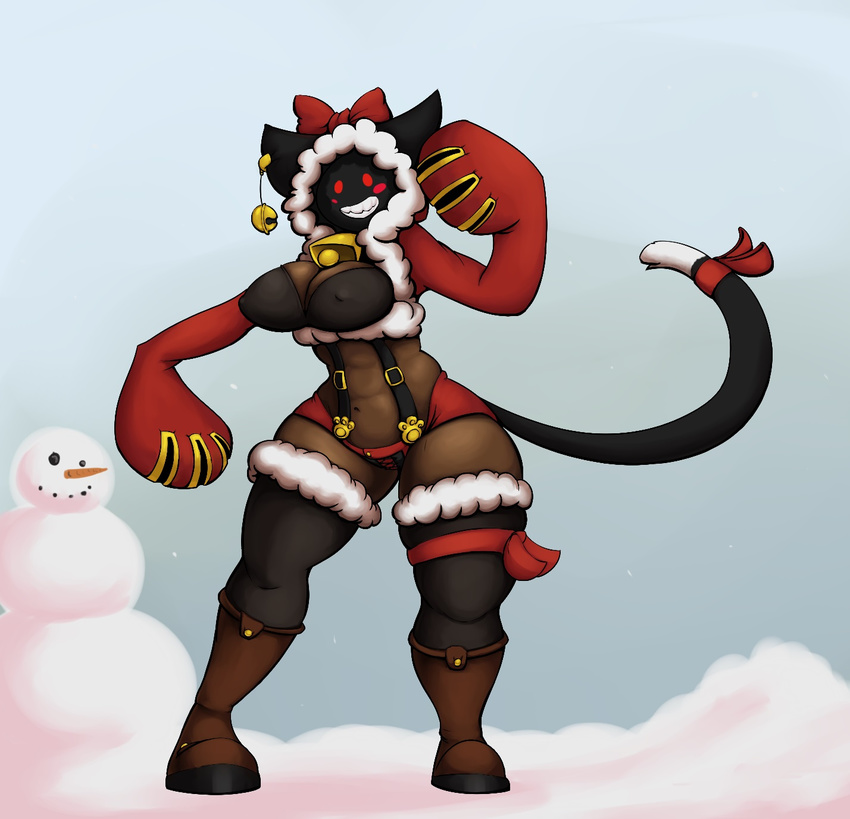 animal_ears anthro bell big_breasts big_thighs bipedal blazblue breasts cat_ears christmas cleavage clothed clothing cowbell dark_skin digital_media_(art) dtmech female front_view full-length_portrait fur_trim holidays knee_boots looking_at_viewer nipple_bulge red_eyes snow snowman solo standing suspenders taokaka themed thick_thighs thigh_band thigh_socks