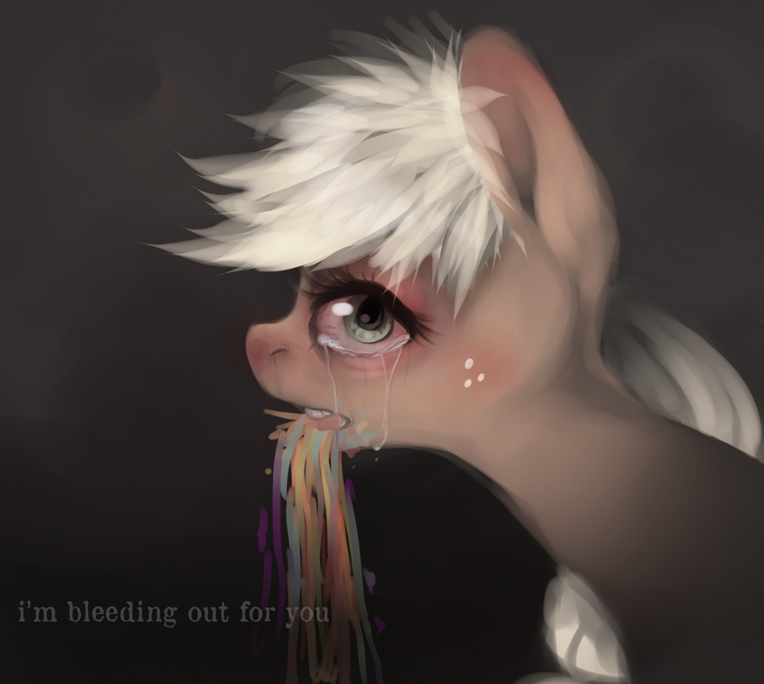 blonde_hair bloodshot_eyes english_text equine eyelashes female feral freckles friendship_is_magic fur green_eyes hair horse imalou looking_at_viewer mammal my_little_pony open_mouth orange_fur pony rainbow solo tears technicolor_yawn text tongue vomit