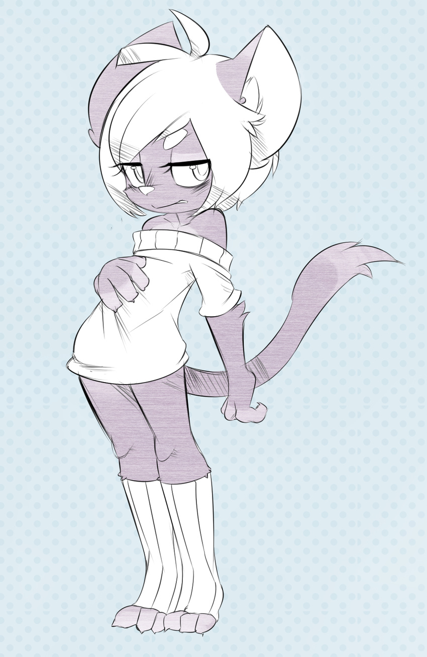 3_toes 4_fingers cat clothing feline girly grass_gremlin hair legwear looking_at_viewer male mammal plain_background short_hair solo standing stockings white_eyes white_hair