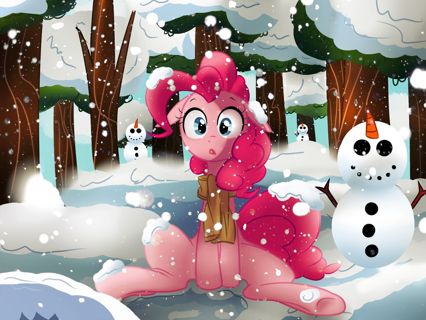 blue_eyes equine female feral friendship_is_magic fur hair horse mammal my_little_pony outside pink_fur pink_hair pinkie_pie_(mlp) pony scarf sitting snow snowman solo tree umeguru vocaldraw winter