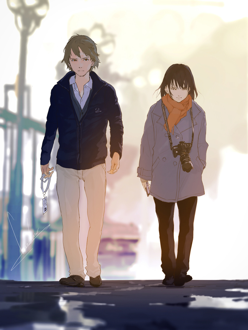 1girl brown_eyes brown_hair camera coat couple highres holding holding_necklace holding_phone looking_at_viewer loundraw original phone scarf short_hair signature walking