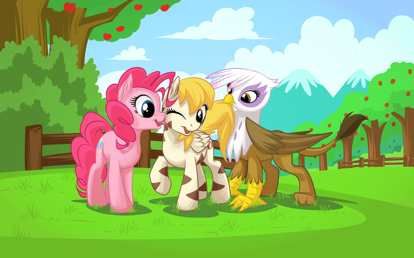 blonde_hair blue_eyes brown_eyes equine feathers female feral friendship_is_magic gilda_(mlp) group gryphon hair hi_res horse licking mammal my_little_pony mysticalpha one_eye_closed open_mouth pegasus pink_hair pinkie_pie_(mlp) pony tongue tongue_out wings wink zebra_cake