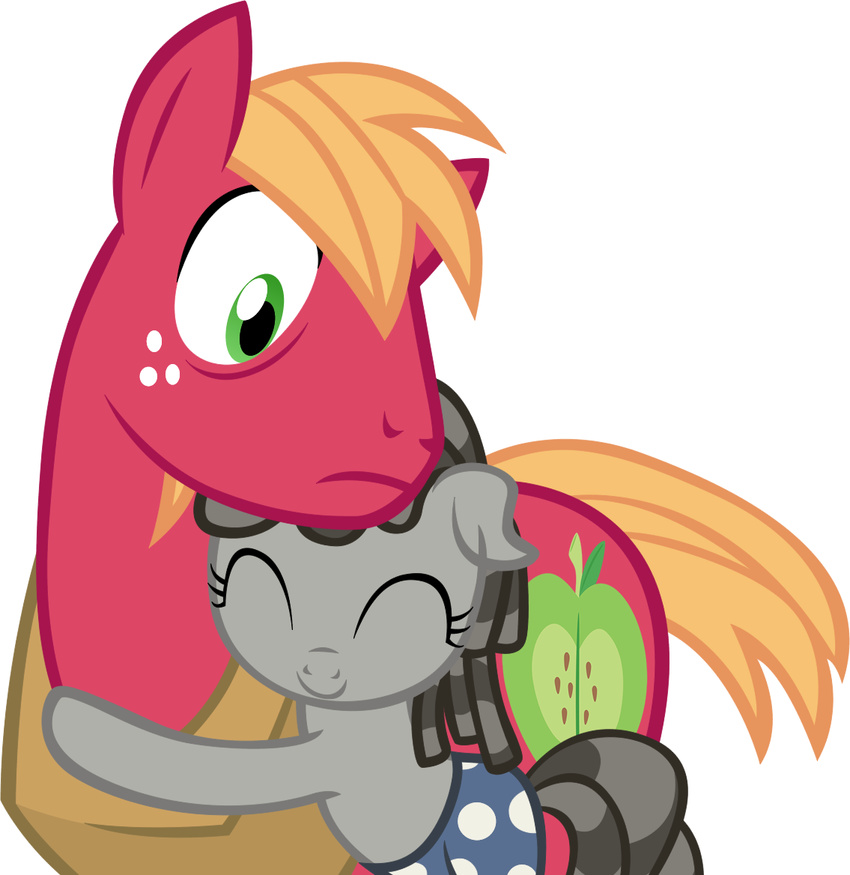 big_macintosh_(mlp) blonde_hair clothing cutie_mark equine eyes_closed female freckles friendship_is_magic fur green_eyes grey_fur hair horse hug male mammal my_little_pony pants ponification pony red_fur smartypants_(mlp) topless two_tone_hair young