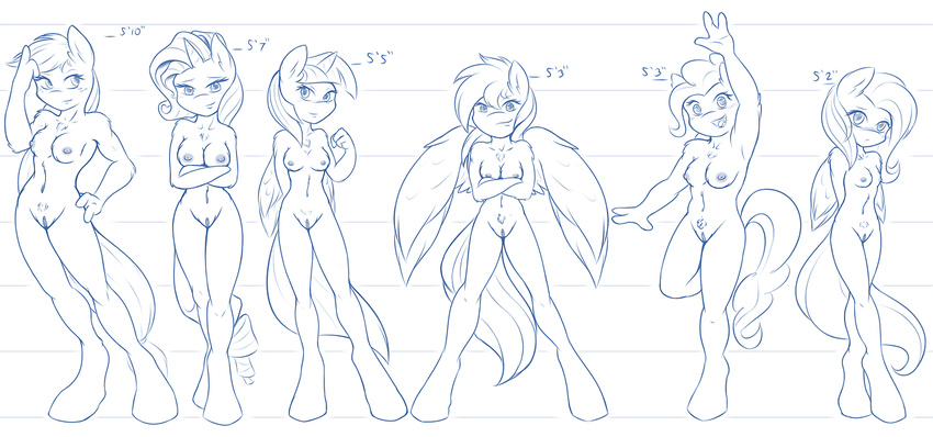 ambris anthro anthrofied applejack_(mlp) blush breasts crossed_arms equine female fluttershy_(mlp) freckles friendship_is_magic group hair height_chart horn looking_at_viewer mammal monochrome my_little_pony navel nipples nude pegasus pinkie_pie_(mlp) pubes pussy rainbow_dash_(mlp) rarity_(mlp) shy size_chart standing twilight_sparkle_(mlp) unicorn wave waving winged_unicorn wings