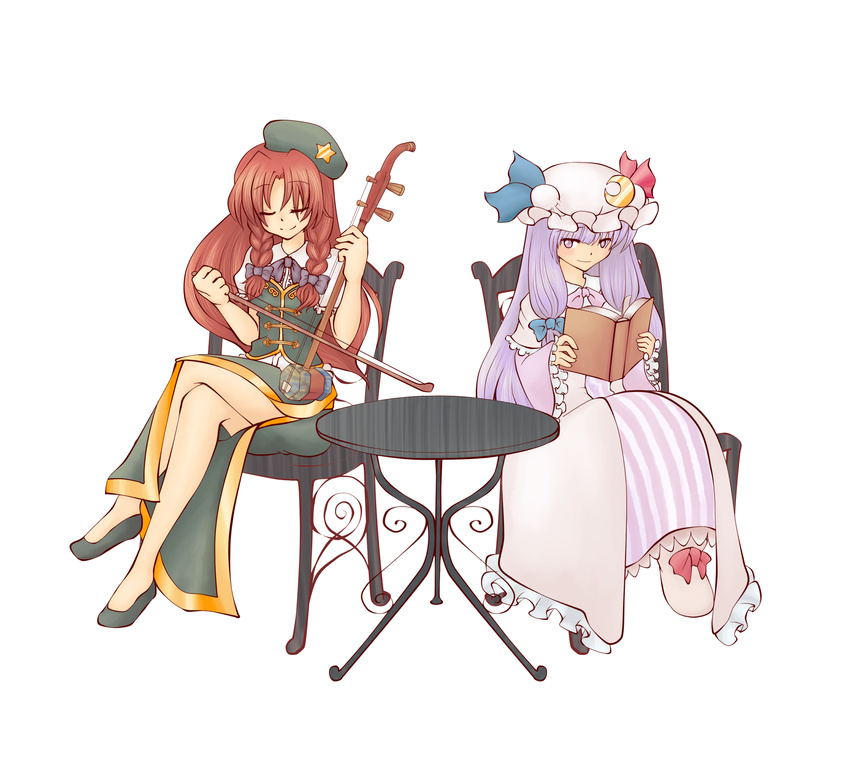 book bow_(instrument) braid chair chinese_clothes closed_eyes closed_mouth crescent crossed_legs dress erhu hair_ribbon hat highres hong_meiling instrument light_smile long_hair looking_at_another multiple_girls music nose patchouli_knowledge plantplanetplace playing_instrument puffy_sleeves purple_dress purple_eyes purple_hair red_hair ribbon shoes sitting smile star table touhou twin_braids white_background