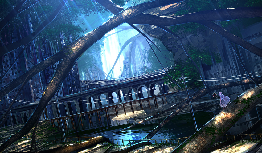 axe battle_axe bridge dress dutch_angle forest haru_(ryosios) holding long_hair nature original overgrown post-apocalypse power_lines river ruins ryosios scenery silver_hair solo standing sunlight very_long_hair water weapon white_dress