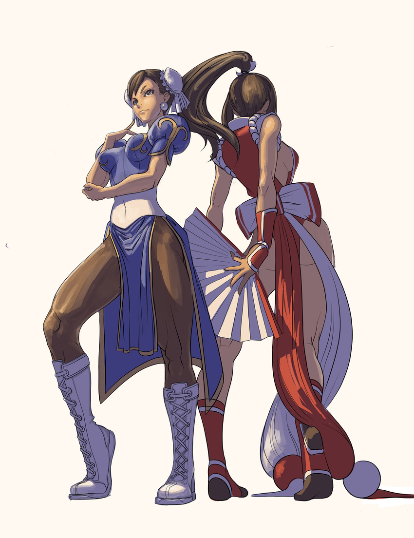 2girls absurdres back-to-back boots brown_eyes brown_hair capcom chun-li crossover double_bun earrings fan fatal_fury from_behind highres jewelry king_of_fighters long_hair moguyobi multiple_girls ocean_(moguyobi) pantyhose ponytail ponytails shiranui_mai snk standing street_fighter