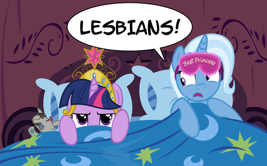 bed blue_fur equine female friendship_is_magic fur hair horn horse mammal my_little_pony navel pillow pixelkitties plushie pony purple_eyes purple_fur sleep_mask smartypants_(mlp) text toy trixie_(mlp) twilight_sparkle_(mlp) two_tone_hair unicorn