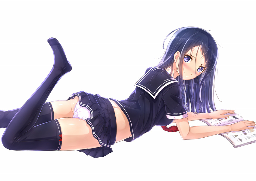 ass black_legwear black_serafuku blue_eyes blue_hair blush book commentary_request from_side frown hair_between_eyes highres kazeno leg_up long_hair looking_at_viewer lying midriff on_stomach open_book original panties pleated_skirt school_uniform serafuku short_sleeves simple_background skirt solo thighhighs underwear white_background white_panties