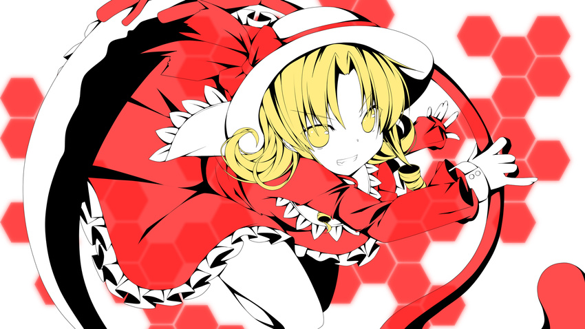 blonde_hair bow dress drill_hair elly frills hat highres holding holding_scythe long_sleeves red_dress scythe short_hair solo touhou wallpaper weapon yellow_eyes yuzuki_kei