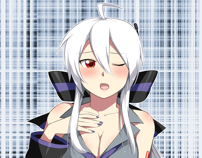 breasts caffein cleavage detached_sleeves hand_on_own_chest large_breasts long_hair nail_polish one_eye_closed open_mouth red_eyes silver_hair solo vocaloid voyakiloid yowane_haku