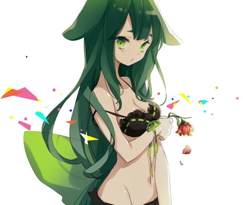 bikini black_bikini breasts flower frilled_bikini frills gaha gatchaman_crowds green_eyes green_hair highres long_hair looking_at_viewer medium_breasts ribbon ribbon-trimmed_swimsuit ribbon_trim solo swimsuit tears utsutsu