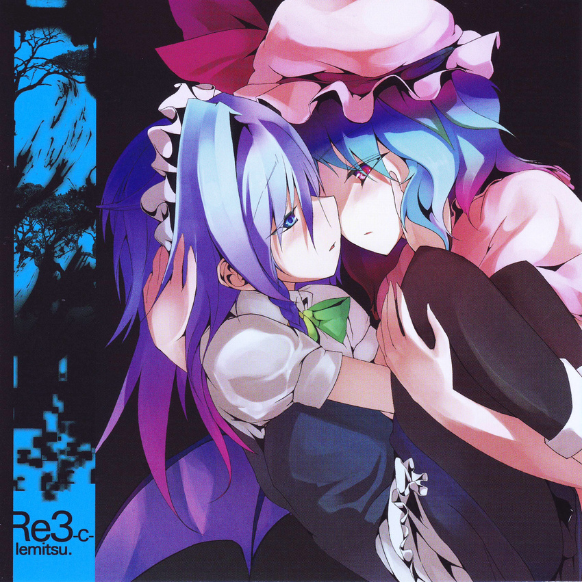 absurdres album_cover alternate_hair_length alternate_hairstyle apron bat_wings black_background black_legwear blue_eyes blue_hair blush bow cover frills hand_on_another's_face hand_on_another's_head hat hat_ribbon highres izayoi_sakuya long_hair looking_at_another maid_headdress mob_cap multiple_girls open_mouth pantyhose profile puffy_sleeves red_eyes remilia_scarlet ribbon scan shirt short_hair short_sleeves silver_hair simple_background suzume_miku touhou tree wavy_hair white_shirt wings yuri