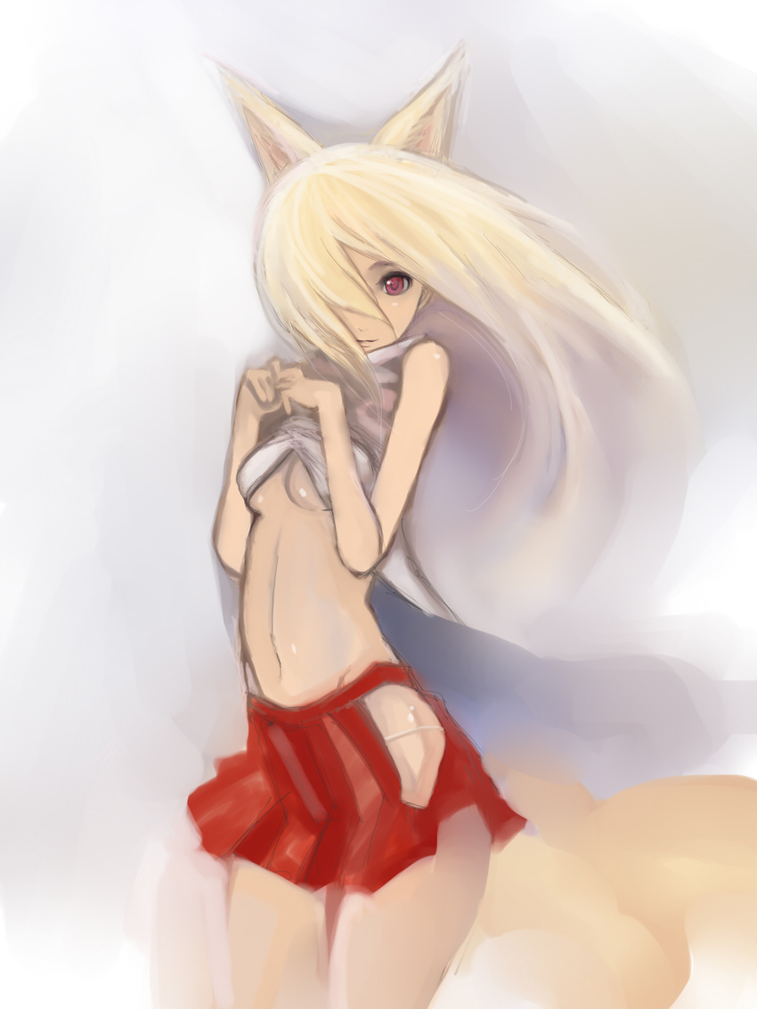 animal_ears bad_id bad_pixiv_id blonde_hair breasts fox_ears fox_tail hair_over_one_eye highres johan_(johan13) kitsune long_hair looking_at_viewer midriff miniskirt multiple_tails navel original pleated_skirt red_eyes sketch skirt small_breasts smile solo tail underboob