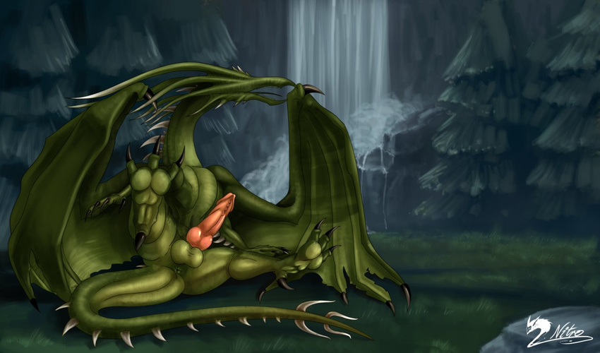 3_toes anus balls butt claws digitigrade dragon erection grass green_dragon green_scales hindpaw horn knot male nitrods nude open_mouth outside pawpads paws penis presenting presenting_hindquarters rock scalie sitting soles solo spikes spread_legs spreading toes tree water waterfall wings