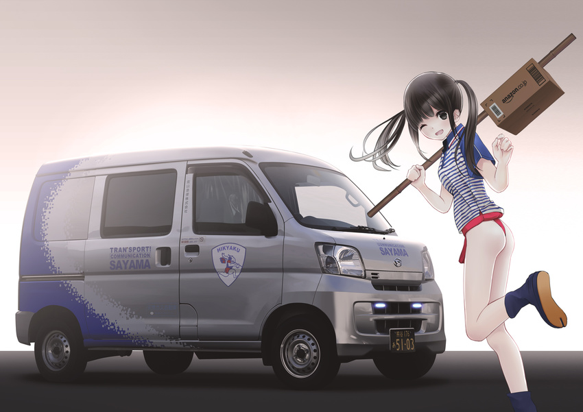 amazon_(company) ass black_eyes black_hair box cardboard_box chikuwa_(odennabe) delivery fundoshi ground_vehicle highres japanese_clothes long_hair motor_vehicle no_pants one_eye_closed original smile solo striped tabi twintails van