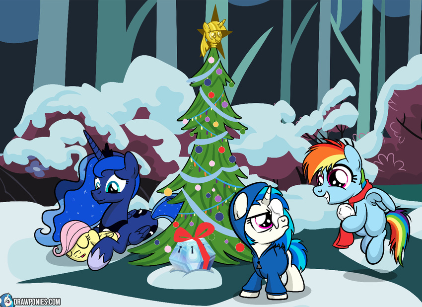 blue_eyes blue_fur blue_hair christmas christmas_tree clothing crown cutie_mark drawponies equine female feral fluttershy_(mlp) flying forest friendship_is_magic frown fur group hair holidays hoodie horn horse long_hair mammal multi-colored_hair my_little_pony open_mouth outside pegasus pink_hair pony princess_luna_(mlp) purple_eyes rainbow_dash_(mlp) rainbow_hair scarf sleeping smile snow snowball teeth tree twilight_scepter_(mlp) two_tone_hair unicorn vinyl_scratch_(mlp) white_fur winged_unicorn wings young