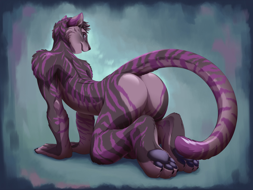 absurd_res all_fours anthro blue_pawpads butt claws digitigrade feline fur hi_res hindpaw invalid_tag looking_at_viewer looking_back male mammal mestiso mestiso_(character) nude pads pawpads paws presenting presenting_hindquarters purple_fur shiuk soles solo stripes tiger toe_claws toes