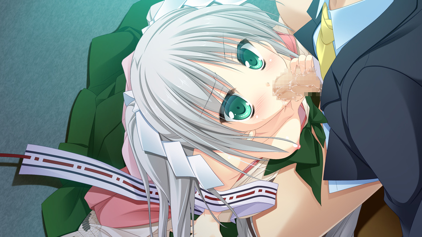 aqua_eyes blush breasts censored cum fellatio game_cg gray_hair japanese_clothes nipples penis sesena_yau timepiece_ensemble tsukiyono_chiara