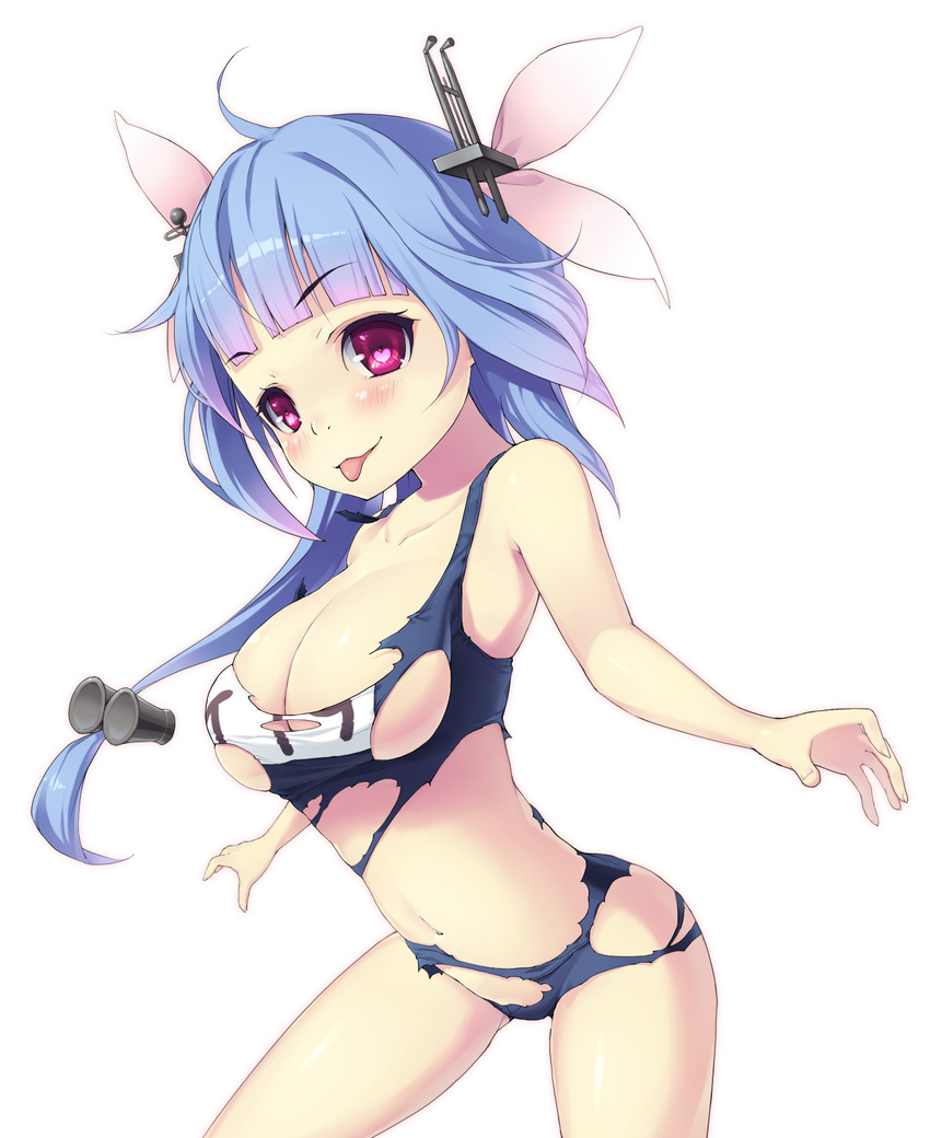 :p ahoge armais_(me-chan337) blue_hair breasts cleavage gradient_hair heart heart-shaped_pupils highres i-19_(kantai_collection) kantai_collection large_breasts long_hair multicolored_hair navel pink_hair red_eyes school_swimsuit solo standing swimsuit symbol-shaped_pupils tongue tongue_out torn_clothes twintails